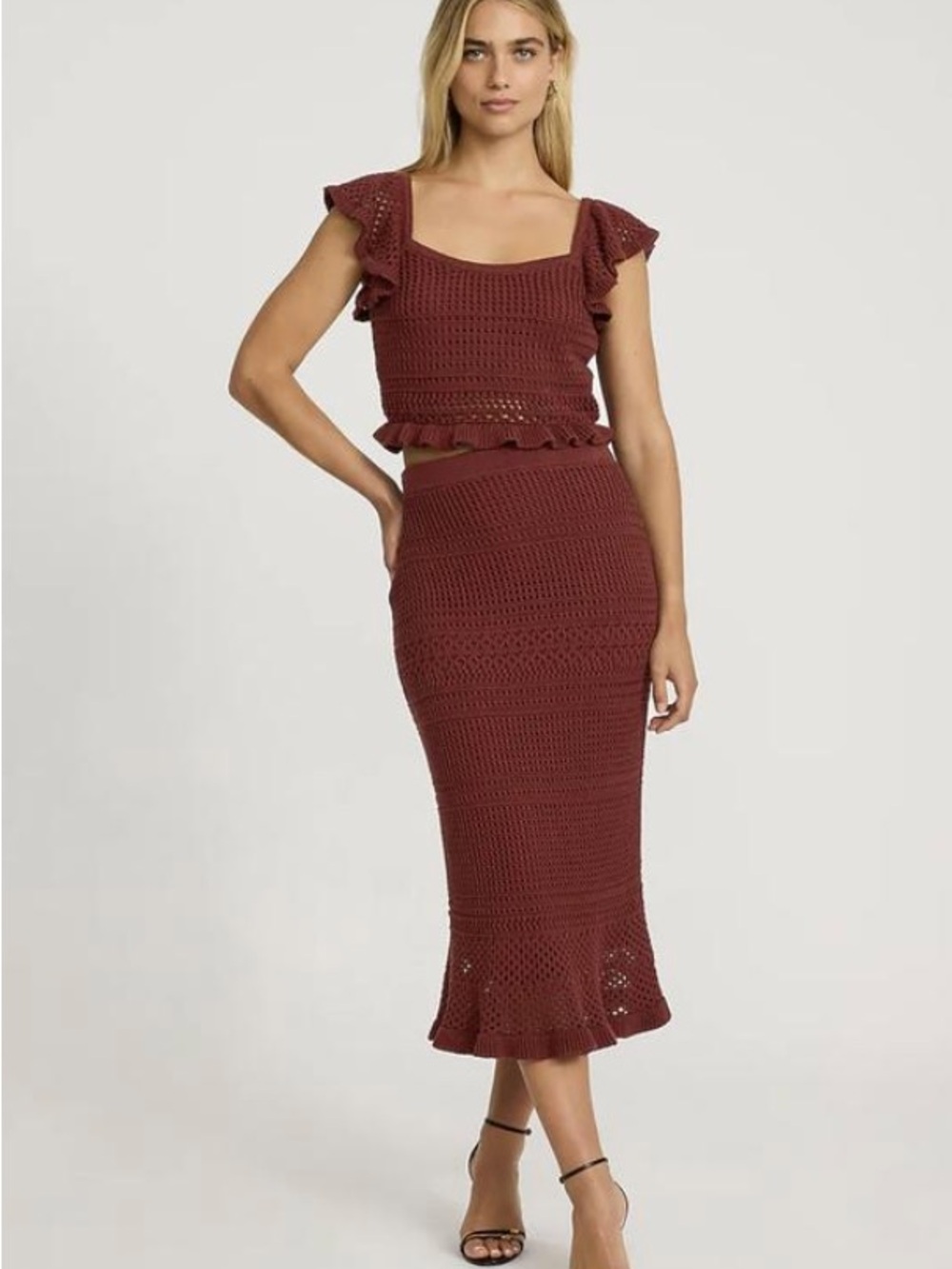 Express Crochet Top and Midi Skirt in Wine Red